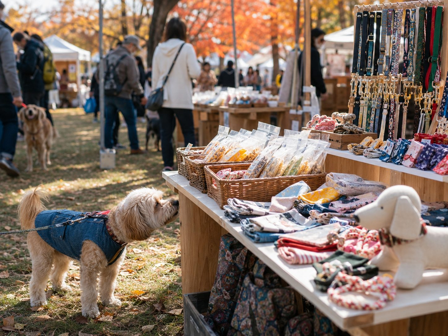 犬用グッズが並ぶマルシェのブース