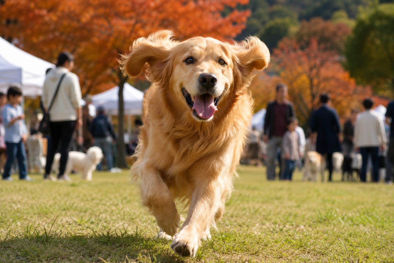 秋の公園の芝生を駆ける犬